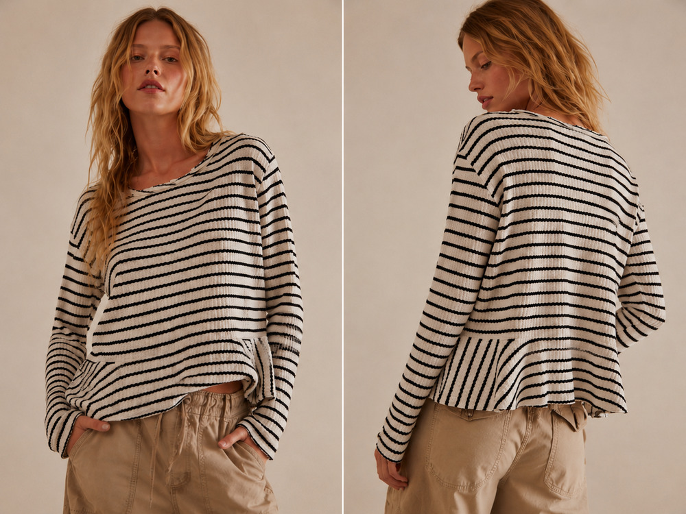 We The Free People Knit Top Women's Medium Striped Long Sleeve Peplum Cotton